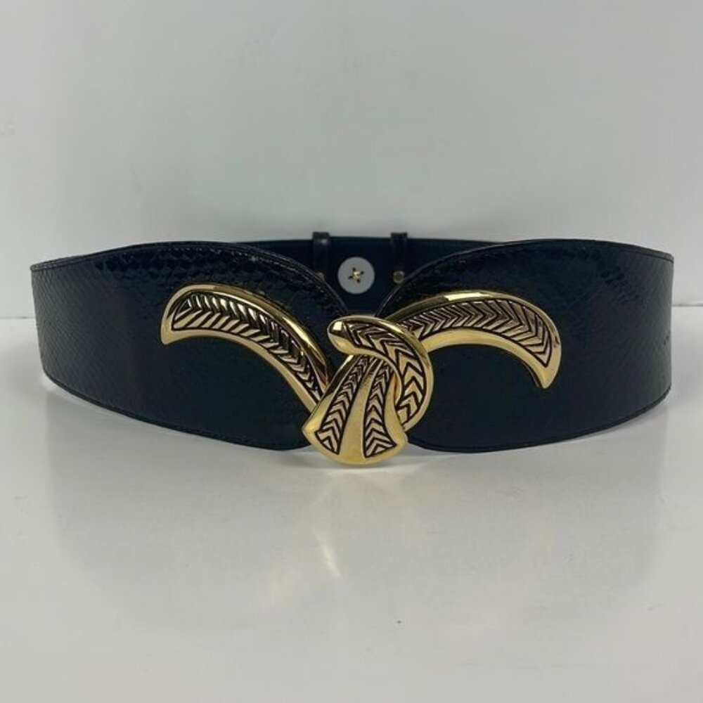 Genuine Snake Skin Black Belt Gold Tone Art Deco Belt Women's XS/S see photos